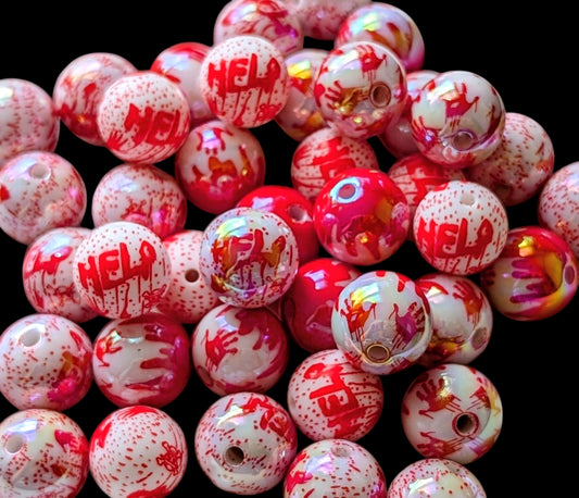 UV Coating Horror Red Bloody Hand Prints,  Help Spots Halloween Round Acrylic Beads, 12MM-16MM